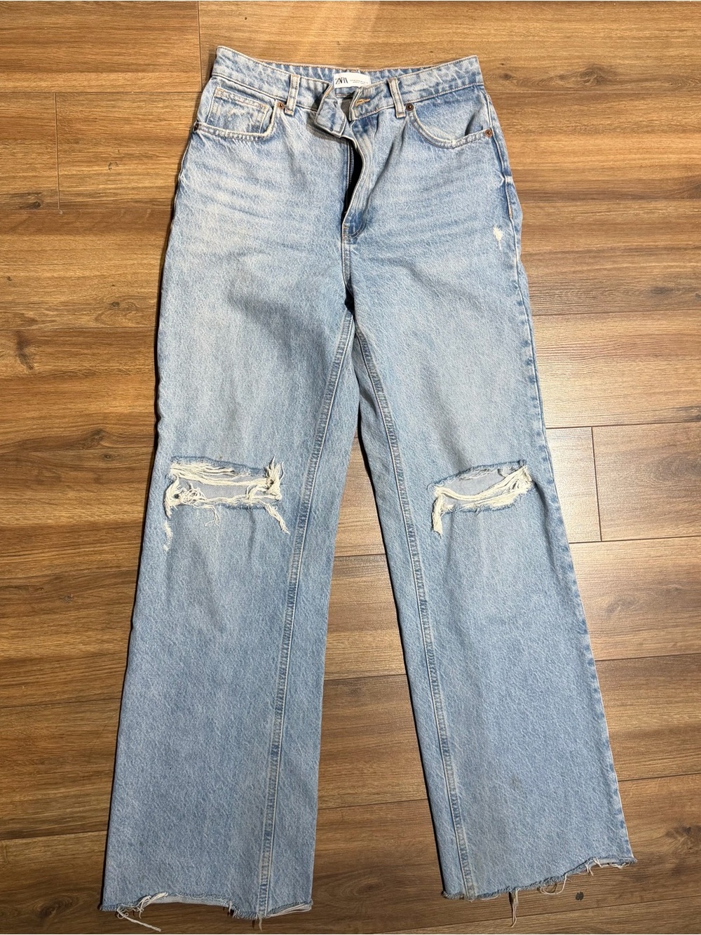 Zara Light Blue Distressed Wide-Leg Jeans